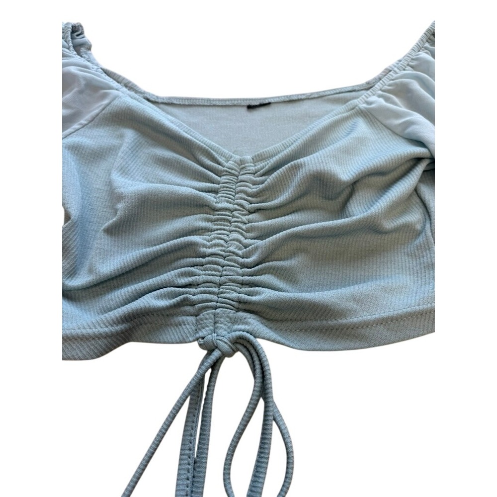 Light Blue Ruched Drawstring Crop Top Off Shoulder Balloon Sleeve Ribbed Knit - Picture 5 of 7